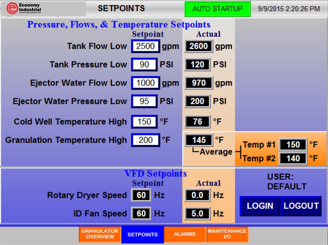VFD setpoints and user login screen